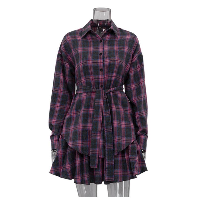 Свободная клетчатая рубашка с длинным рукавом и полуюбка, универсальный женский комплект с отложным воротником и широким поясом, весна 2025 г.