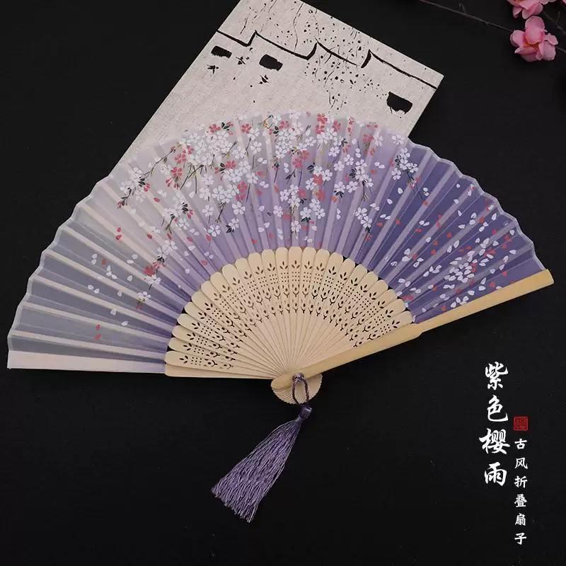 Chinese Style Hanfu Fan for Girls, Cherry Blossom Classical Dance Fan, Portable Children's Bamboo Fan, Traditional Cheongsam Folding Fan for Summer