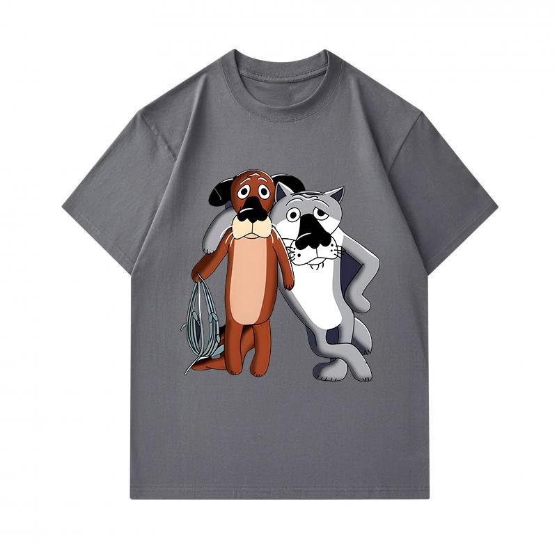 Men's 100% Cotton Crew Neck Short Sleeve T-Shirt, Funny Cartoon Brown Dog Grey Cat Printed Casual Comfortable Tee, Lightweight Summer Daily Wear Graph