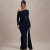 Women's One Shoulder Long Sleeve Maxi Dress Fitted High Waist Ruched Drape Sash Bodycon Evening Gown