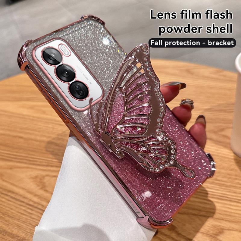 Glitter Shockproof Plating Quicksand Butterfly Phone Holder Case for OPPO Reno 14 14F 13 13F 12 12F 11 11F 10 Pro Silicone Cover