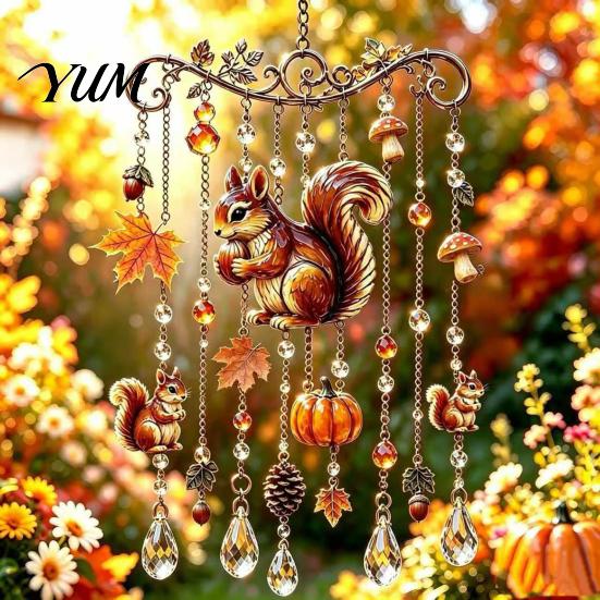 Whimsical Animal Wind Chime Fall Suncatcher, Stained Acrylic Fox Rabbit Hanging Suncatcher Unique Garden Art Gifts with Prism Drops, Outdoor