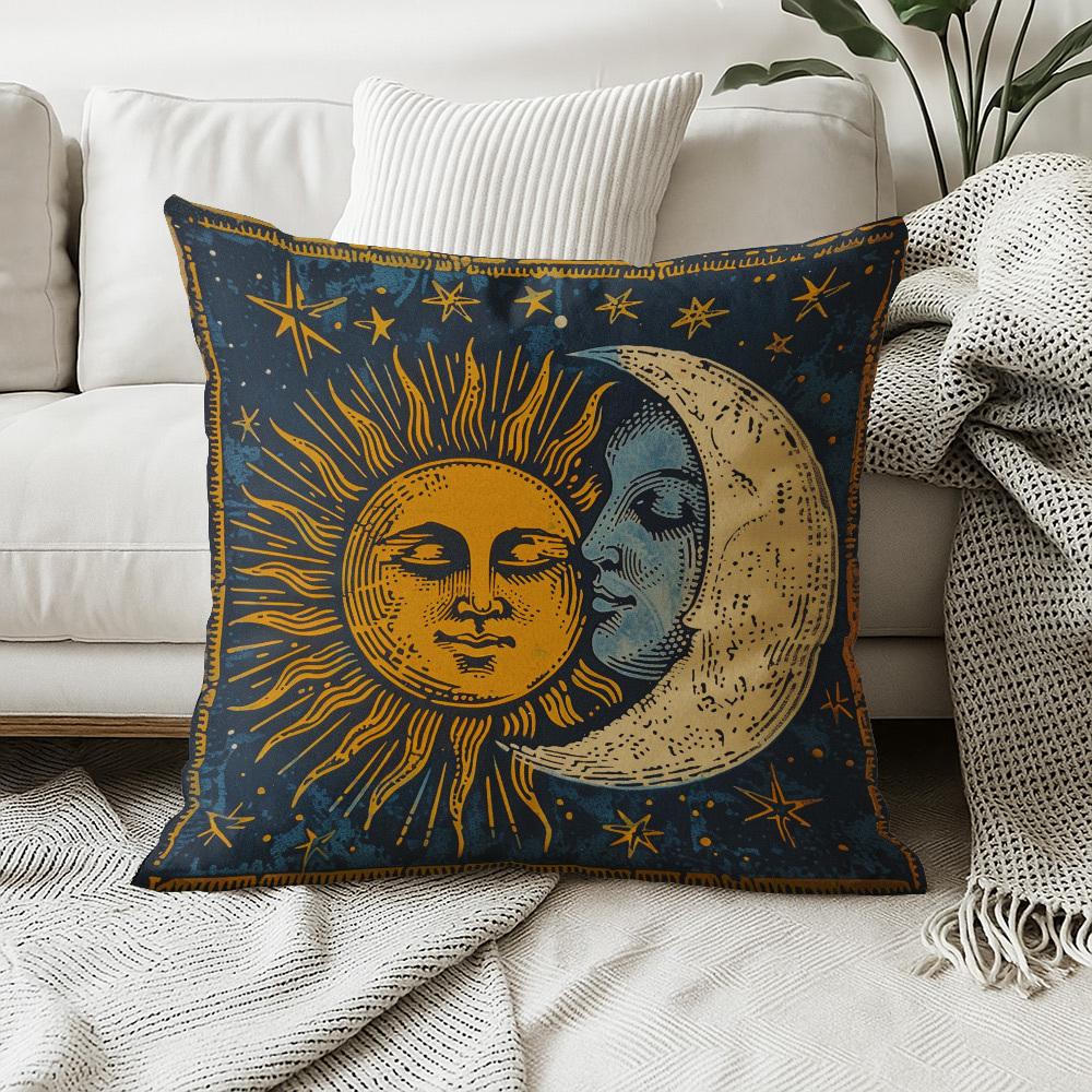 Boho Celestial Sun & Moon Print Throw Pillow Cover, Vintage Tarot Style Starry Night Decorative Cushion