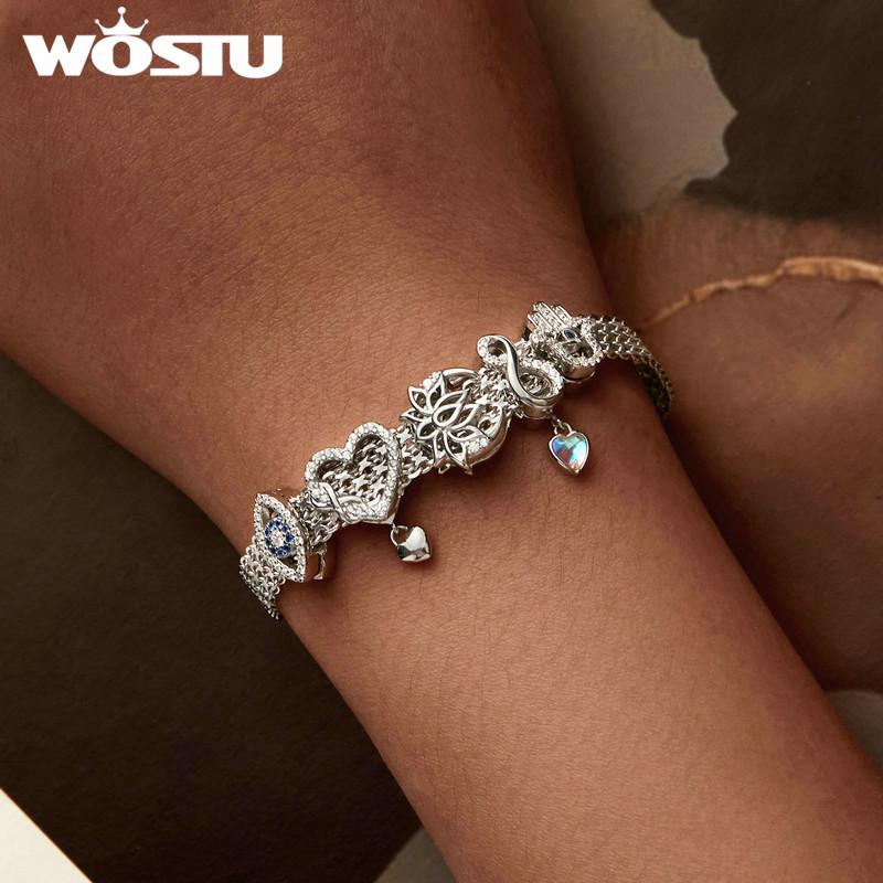 WOSTU 925 Sterling Silver Heart Clip Charms Hand of Fatima Bead Lotus Flower Pedant Fit Reflection Mesh Bracelet DIY Jewelry New