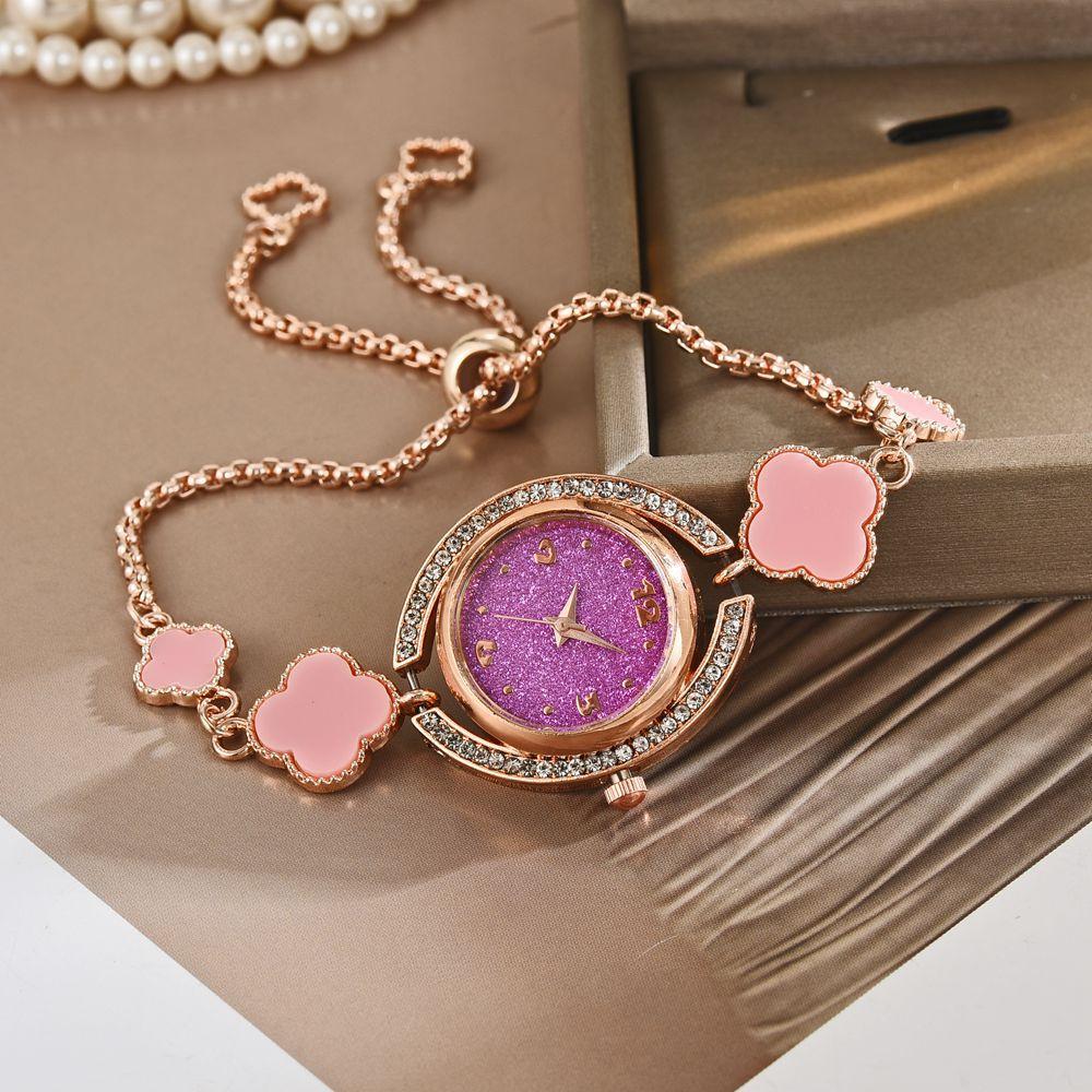 Temperament Diamond Plated Decoration Four Leaf Clover Lazy Pulling Bracelet Watch