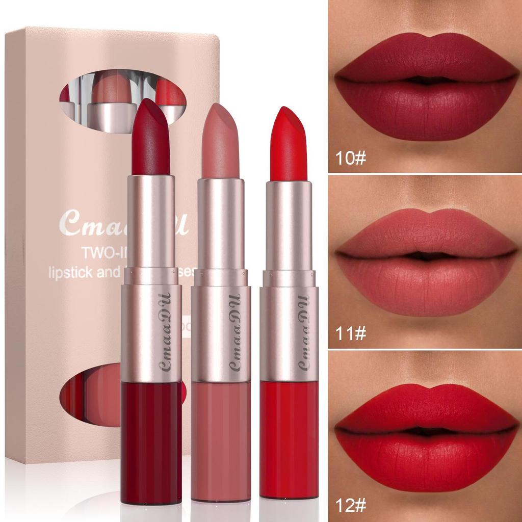 CmaaDu 3-Piece Matte Lipstick & Gloss Set: Velvet Finish, Non-Transferring Formula for Makeup.