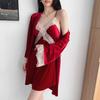 New Autumn Velvet 3PCS Pajamas Set Sleepwear Sexy Lace Trim Bath Robe Nightgown Loose Casual Velour Home Clothes Loungewear