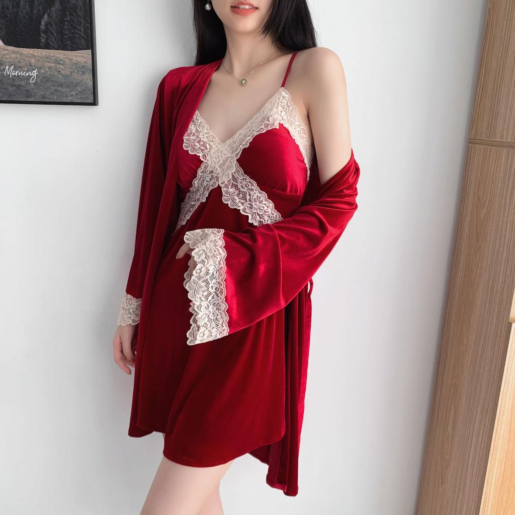 New Autumn Velvet 3PCS Pajamas Set Sleepwear Sexy Lace Trim Bath Robe Nightgown Loose Casual Velour Home Clothes Loungewear