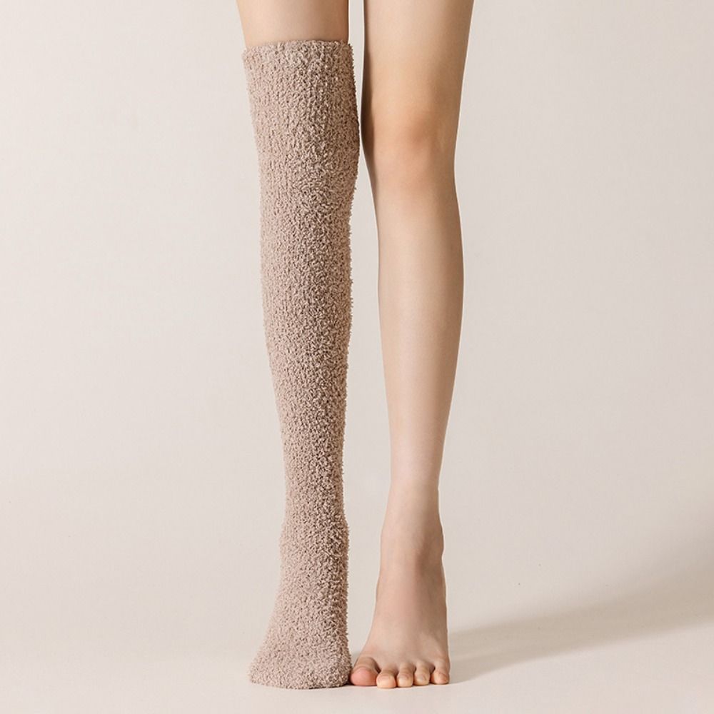 1Pair Solid Color Long Tight Socks Coral Fleece Foot Warmers New Boot Socks Fall Winter