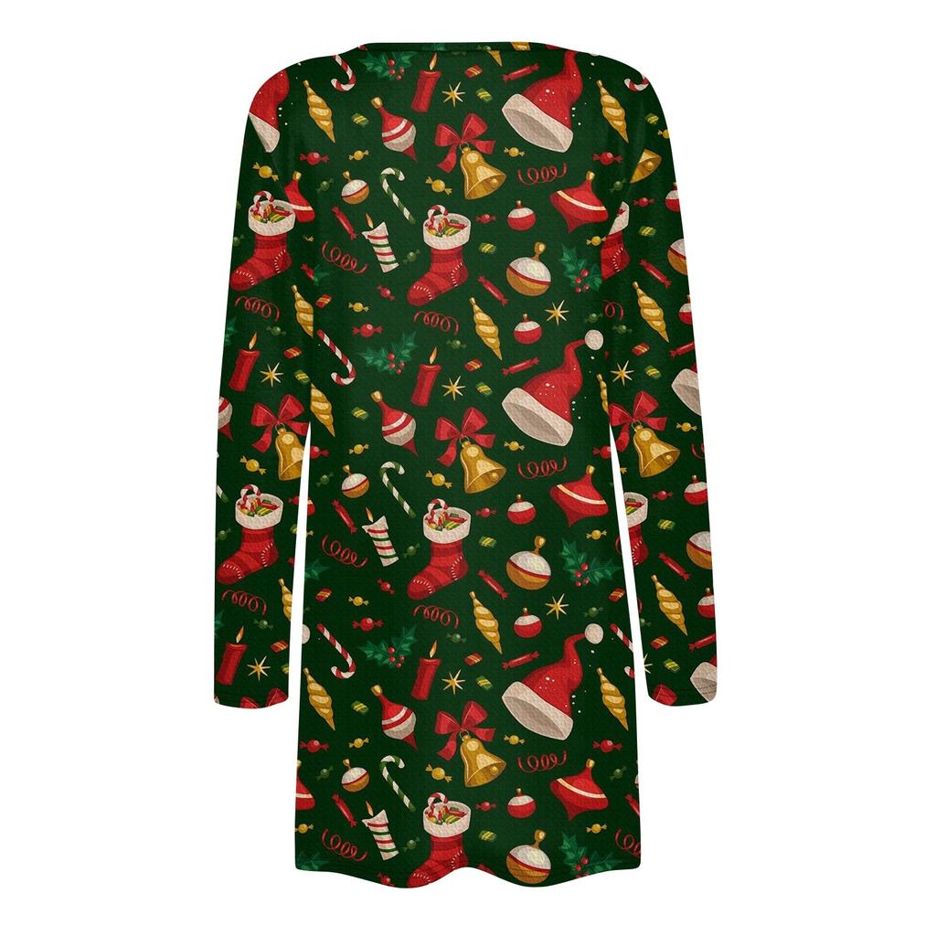 Women's Fashion Casual Christmas Print Medium Length Cardigan Jacket Coat