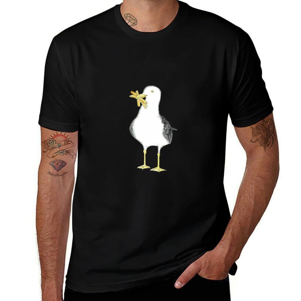 Seagull French Fries Watercolor Painting Tshirt Fashion Casual Short Sleeve Tshirt