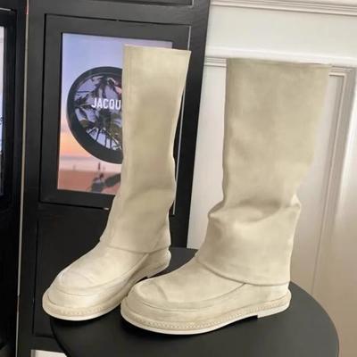 Нишевые ботинки-чулки средней длины на толстой подошве, осенне-зимние, из натуральной кожи, в стиле маленькой феи, замшевые, с длинным голенищем для брюк, женские