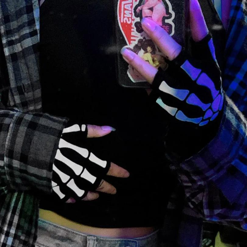 Новые перчатки в стиле панк, унисекс, Хэллоуин, скелет, череп, перчатки с половиной пальца, светящиеся в темноте, эластичные вязаные зимние варежки без пальцев