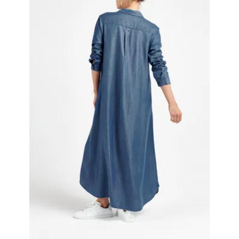 Платье макси из однотонного денима больших размеров: Платье А-силуэта с V-образным вырезом и длинными рукавами для женщин, повседневный, удобный, повседневный, шикарный наряд