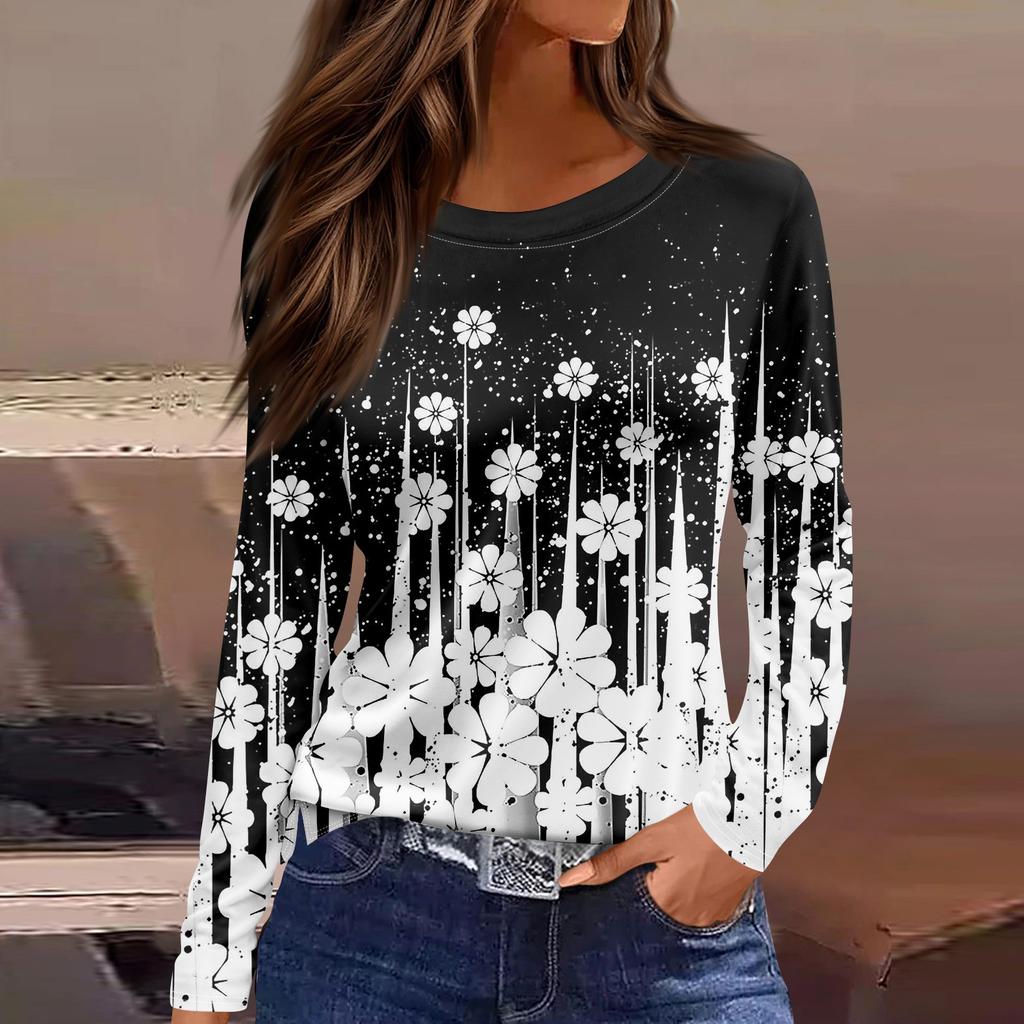 Women's Fashion Casual Slit Hem Round Neck Long Sleeve Loose  Printed T-Shirt Ladies Top