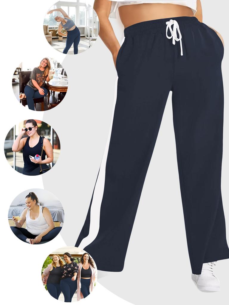 Contrasting Colour Block Elastic Waist Wide-leg Pants Casual Straight-leg Pants for Women Wide-leg