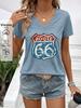 New women's fashionable women's clothing, vintage style, Highway 66 positioning print V-neck short sleeve