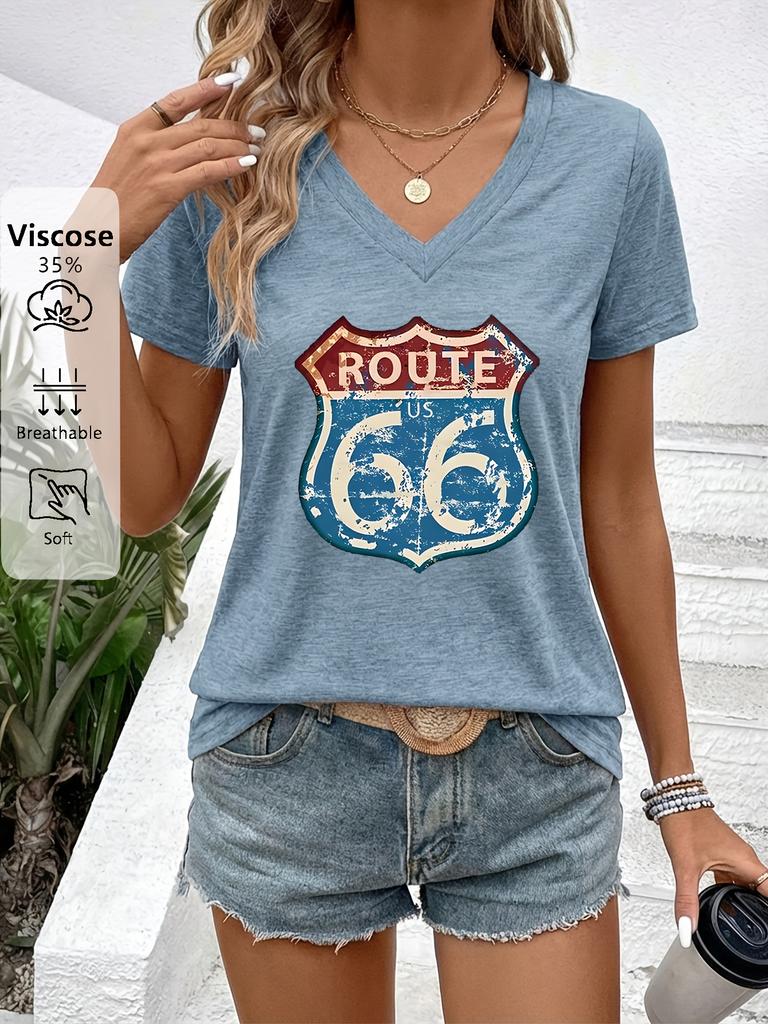 New women's fashionable women's clothing, vintage style, Highway 66 positioning print V-neck short sleeve