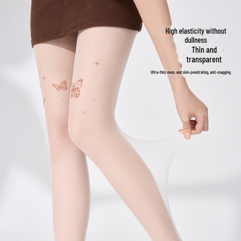 Женские антизацепляющие чулки с татуировками: Прочные, облегающие тонкие колготки с рисунком в виде белых бабочек для защиты от солнца и ухода за кожей весной и летом.