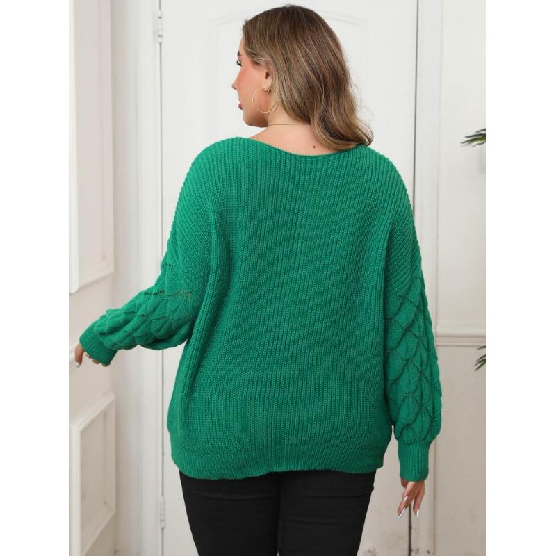 Plus Size Long Sleeve Knit Sweater Deep V Neck Lace Butterfly Pullover Top
