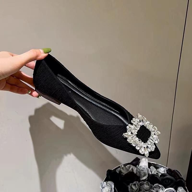 Fashion 2024 New Banquet Temperament Rhinestone French Flat Shoes Women's Summer Black Pointed Shallow Grandma Shoes Boat Shoes