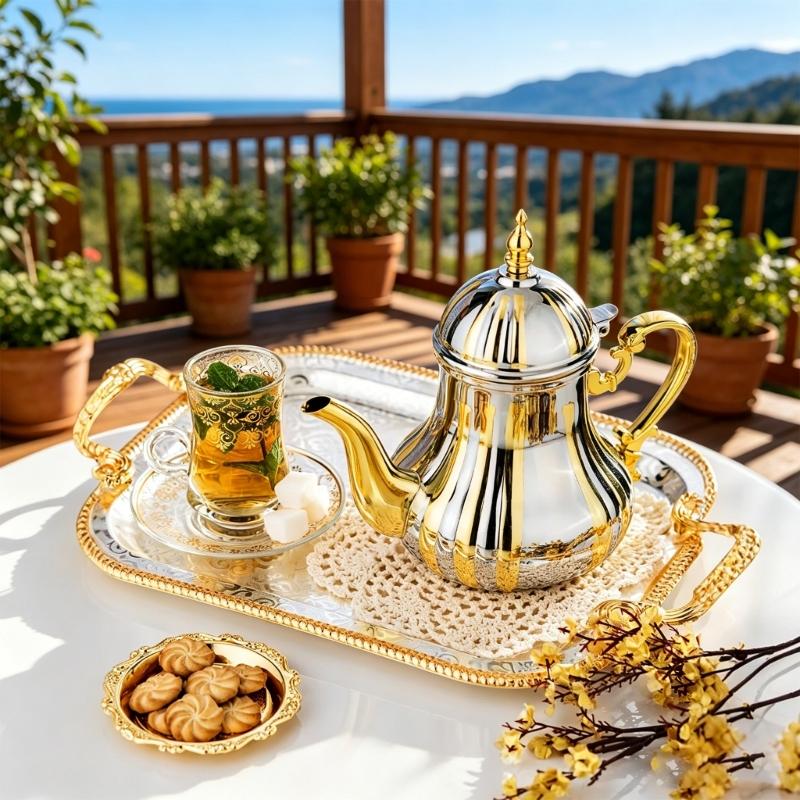 Arabics Coffee Pot 1.2L Stainless Steel Turkish Teapot Gold and Silver Wide Mouthed Hot Drink Servers for Coffee Tea Service