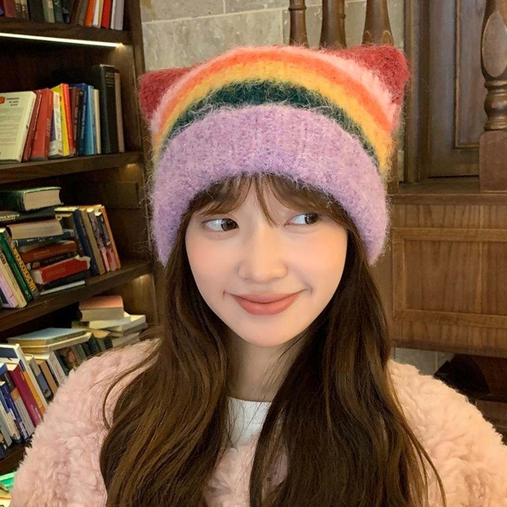 Colored Striped Bucket Hat Rainbow Women Beanie Hat Cute Cat Ears Pullover Hat Autumn Winter