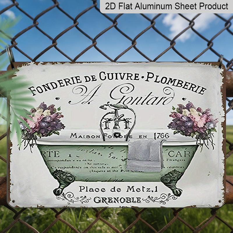 2D Flat Vintage French Bathroom Metal Wall Art - Shabby Chic Decor with Floral Design, Rustic Aluminium Sign for Home, Kitchen & Bathroom, 1765-1830