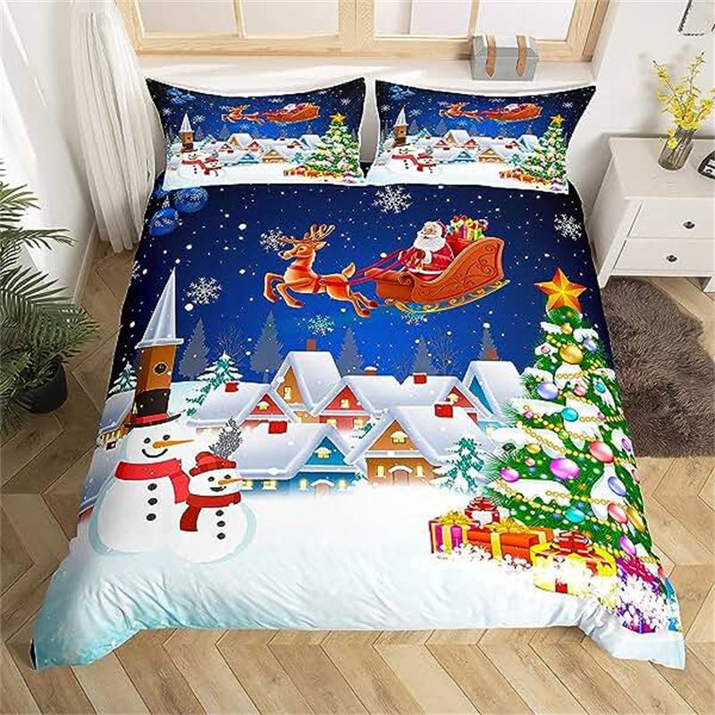 Christmas Duvet Cover Gold Reindeer Bedding Set Boys Girls Room Decor Blue Christmas Tree Comforter Cover Western New Theme