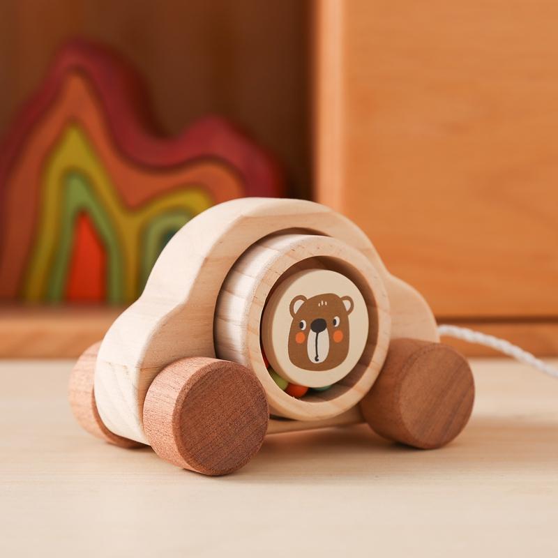 Деревянная игрушка-тележка для малышей, игра Монтессори для развития мелкой моторики пальцев, тележка из сосны с мультяшным мишкой, не содержит БФА, украшение детской комнаты, подарок для ребенка