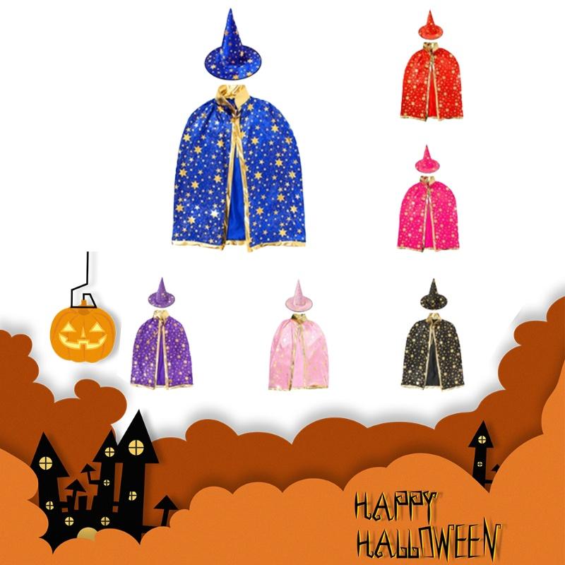 Halloween Cosplay Wizard Cape For Kids With Dazzling Star Pattern And Hat