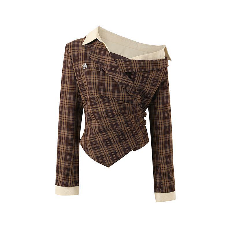 Осенняя клетчатая рубашка с длинным рукавом и открытыми плечами для женщин, приталенная, стройнящая, великолепный дизайн