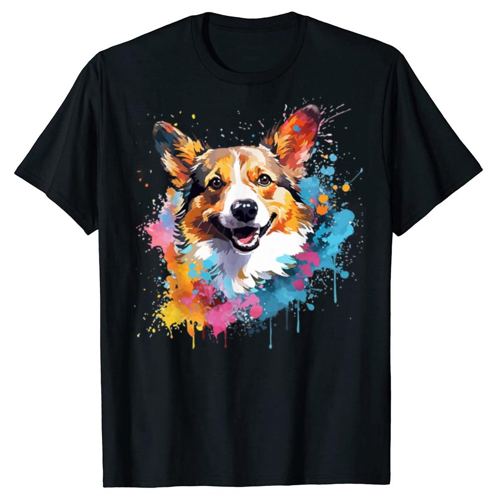 Summer New Vintage Welsh Corgi Dog Splash Art Colorful T Shirt Harajuku Funny Corgi Dog Lover Gifts TShirt Graphic Clothes
