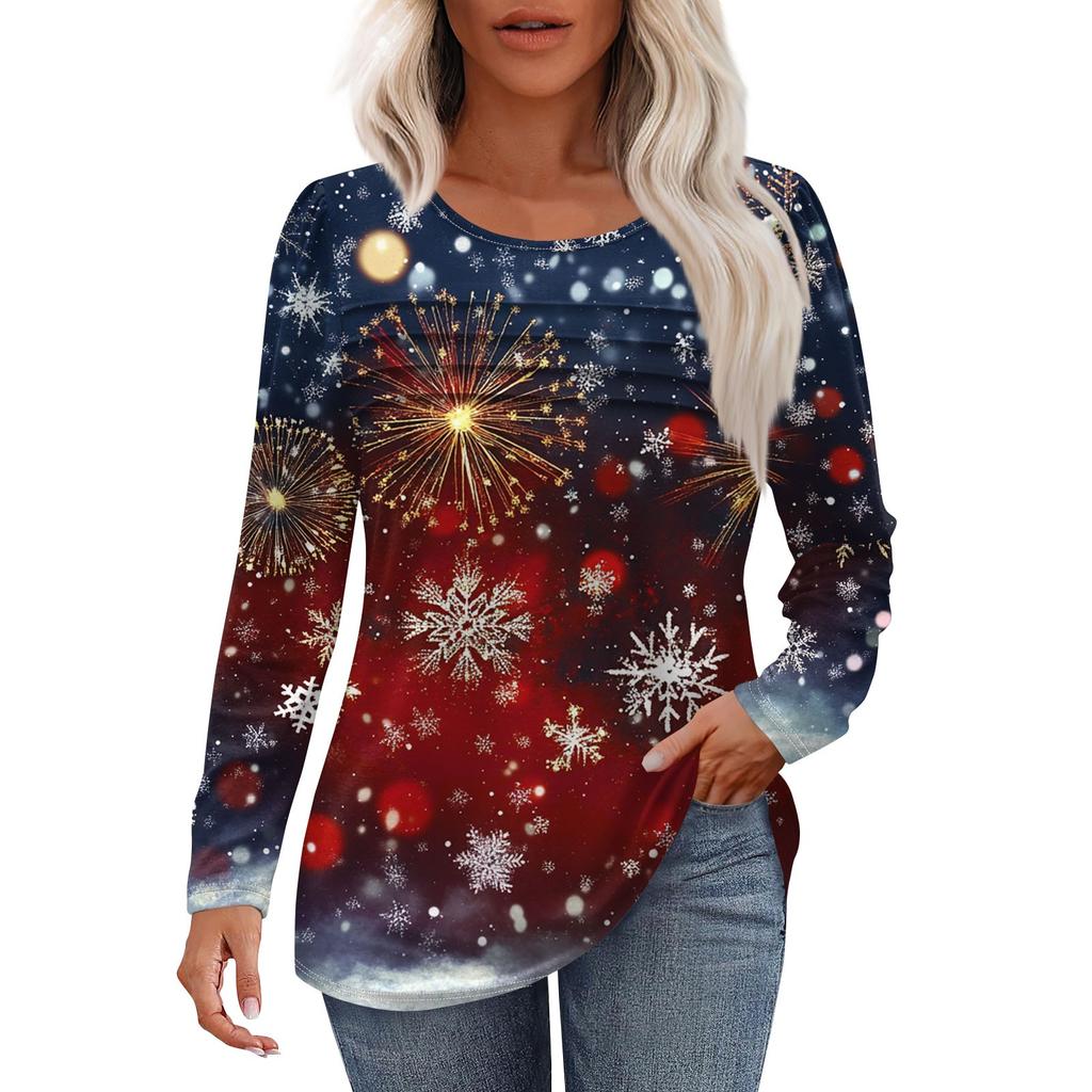 Женская модная повседневная рождественская футболка с круглым вырезом и длинными рукавами