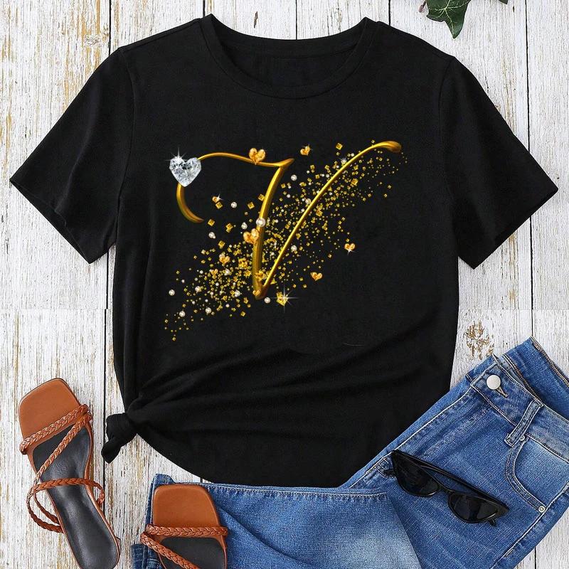 Топы с коротким рукавом с золотым шрифтом из комбинации букв с пользовательским именем, черная футболка, женские топы