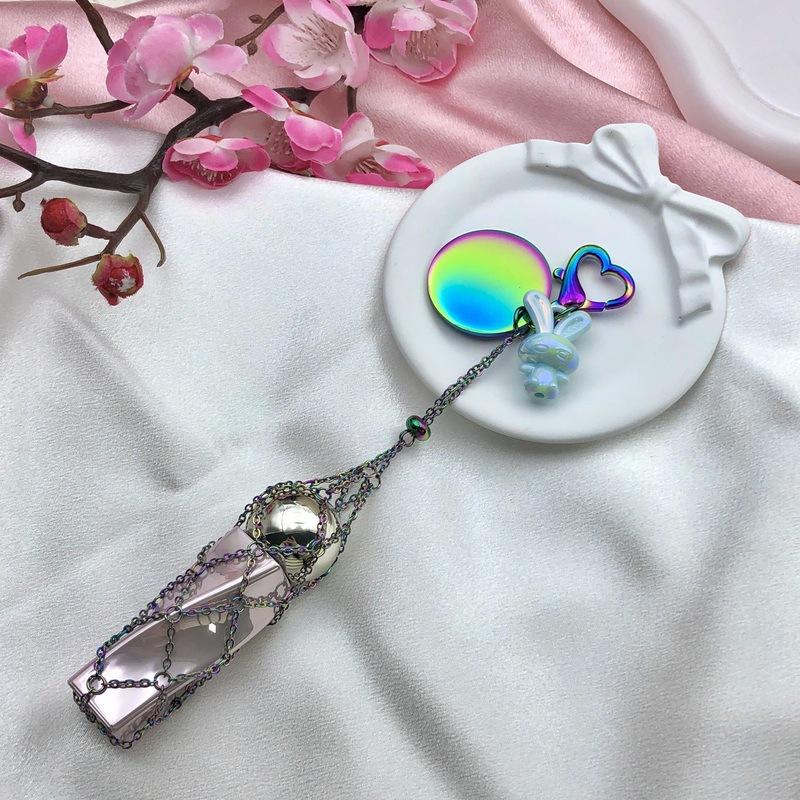 Custom Ins Colorful Stainless Steel Keychain Portable Lipstick Mesh Pocket Keyring Portable Folding Ladies Key Chain Ring Gift