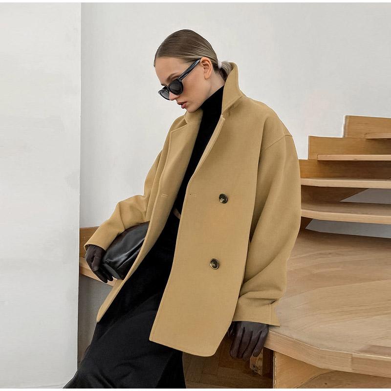 Woolen Coat Women Thick Windbreaker Double Breasted Lapel Long Sleeve Loose Jacket Commuting Casual New Fashion Autumn