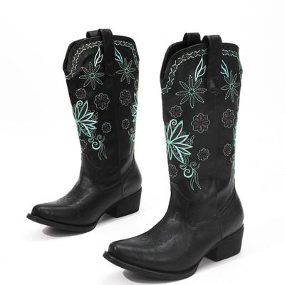 Ботильоны женские до середины икры в европейском и американском стиле с острым носком и толстым каблуком, с вышивкой, размеры 35-46