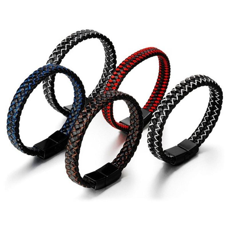 Мужской браслет-манжета из натуральной кожи, черный плетеный браслет, магнитные застежки из нержавеющей стали, наручный браслет, мужские аксессуары-браслеты