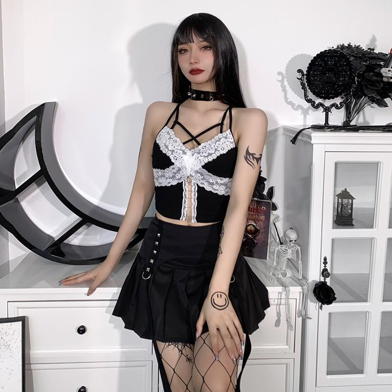 Готическая фея гранж кружева ажурные топы эстетичные сексуальные черные бретельки спагетти укороченные топы с открытой спиной Y2K уличная одежда панк топы