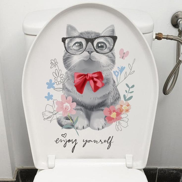 Cute Animal Wall Decals Creative Dog and Cat Cartoon Stickers for Waterproof Bathroom Toilet Seat
