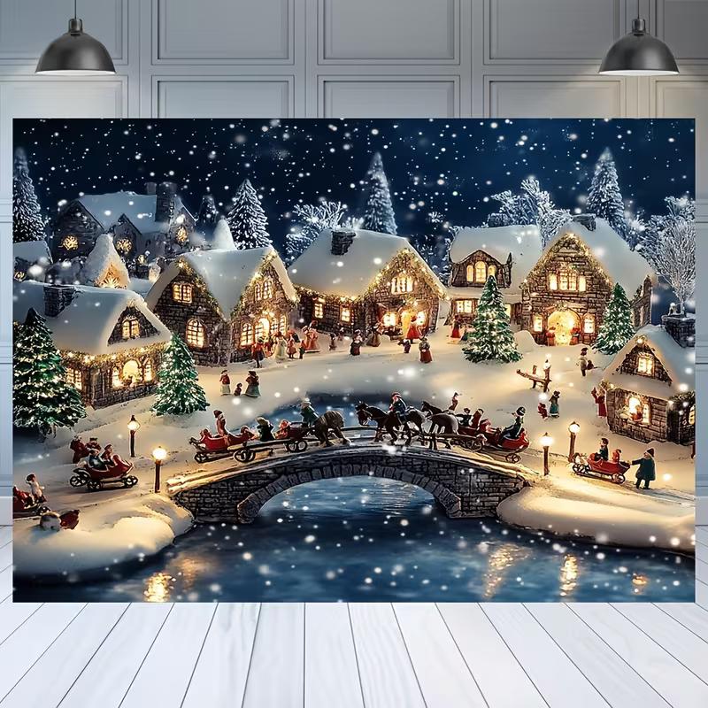 2D Snowy Christmas Village Backdrop, Lit Winter Town with Sleighs and Bridge Party Background Cloth