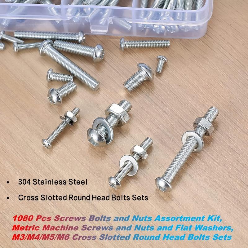 1080pcs Screws Bolts and Nuts Assortment Kit, Metric Machine Screws and Nuts and Flat Washers, M3/M4/M5/M6
