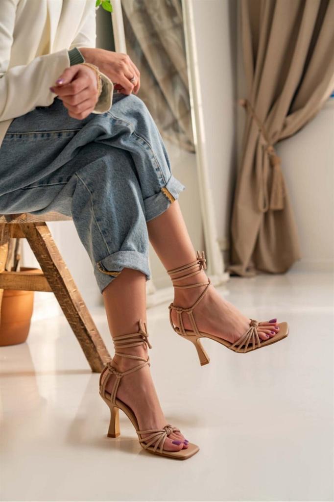 Women's Casual Sandals Skin Matte Ankle Tie Detail Heeled Shoes