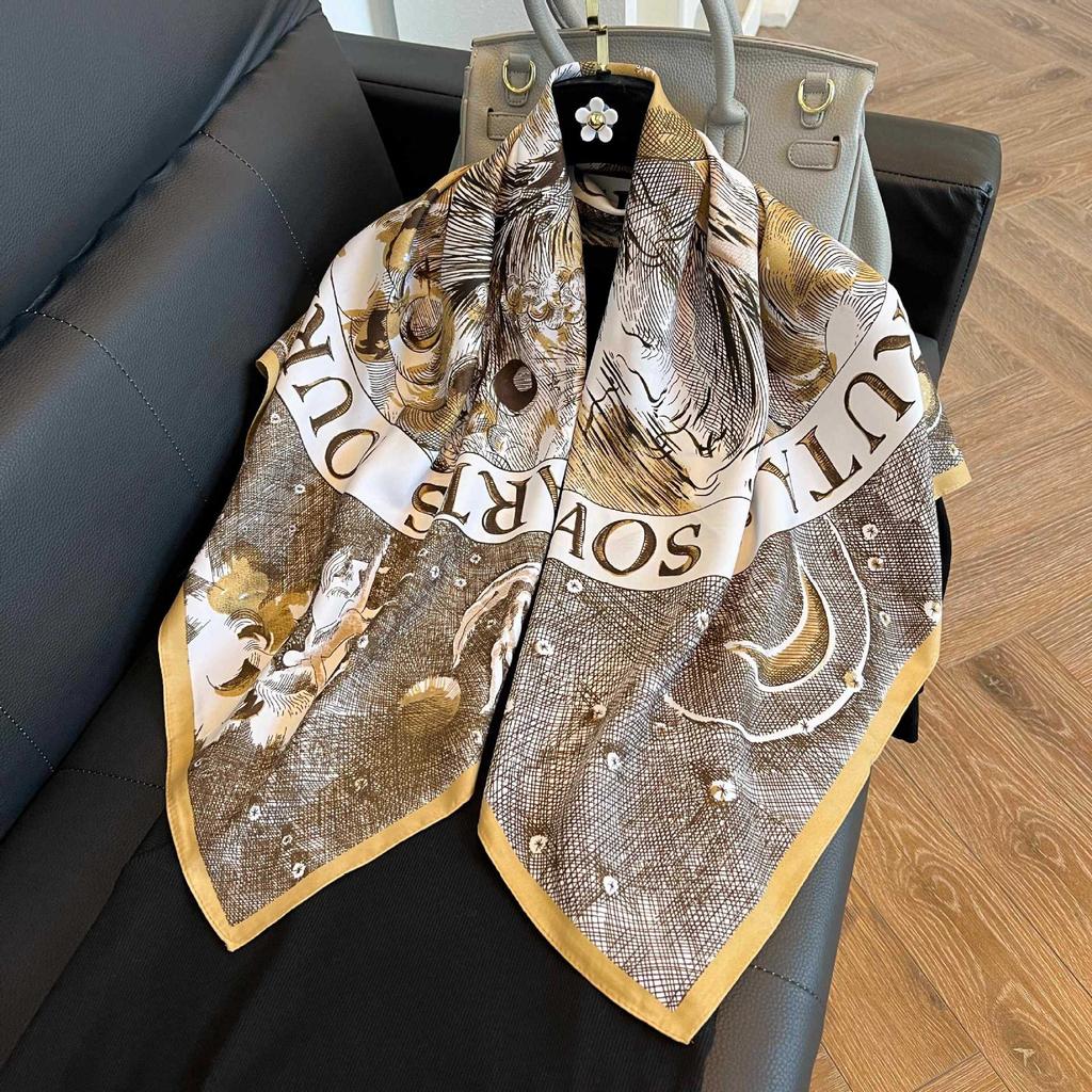 Color block silk scarf Korean version printing color matching scarf twill silk large square scarf 91x91cm shawl sunscreen travel headscarf
