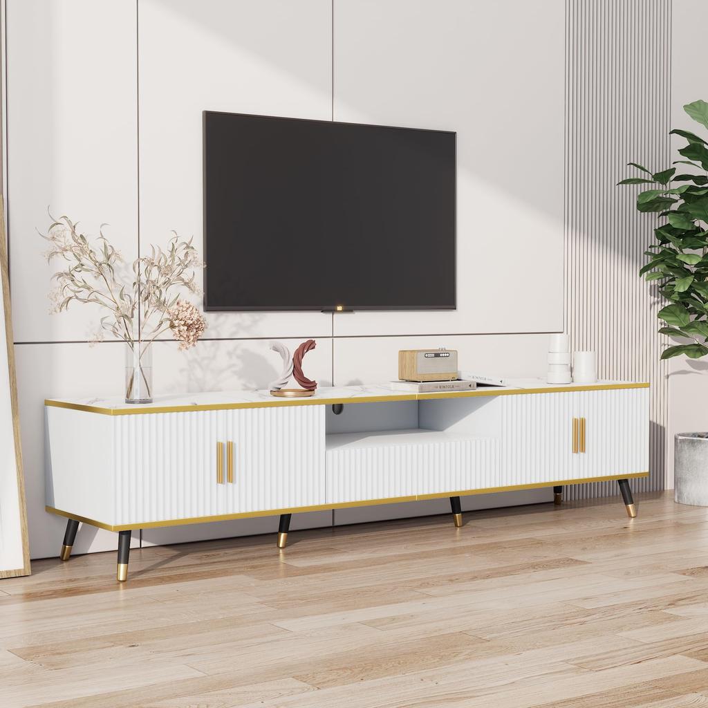 TV Schrank, 4 Fächern 1 Schublade Offenes Fach, Moderner Lowboard 90 Zoll TVs, TV Board Sideboard Möbel Wohnzimmer Esszimmer, 200x40x46cm, Weiß