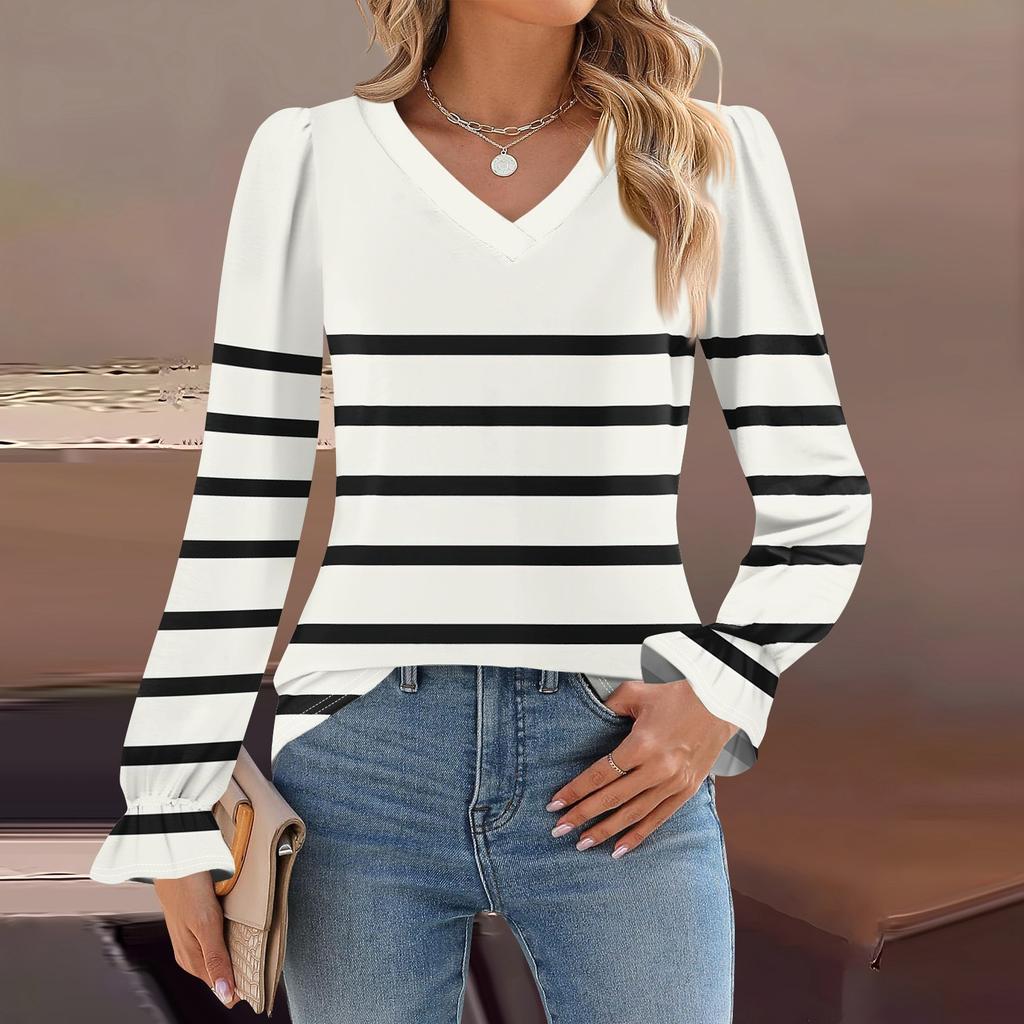Женский повседневный топ с длинными рукавами и полосатым принтом, с v-образным вырезом