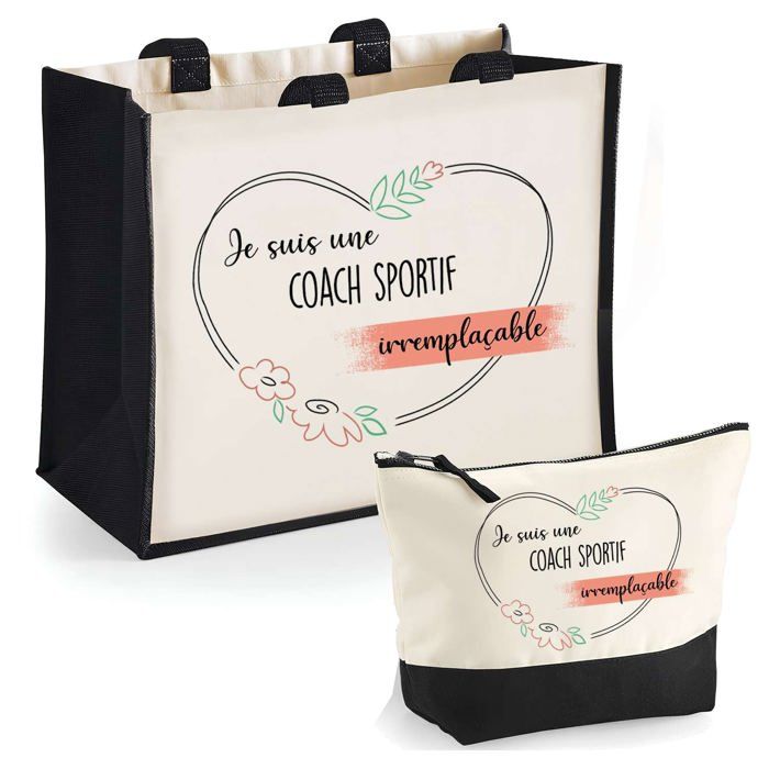 Tote bag - PLANETEE - Duo cabas jute et trousse 'Coach Sportif Irremplaçable' - Jute & coton - 33x42 cm - Fabriqué en France