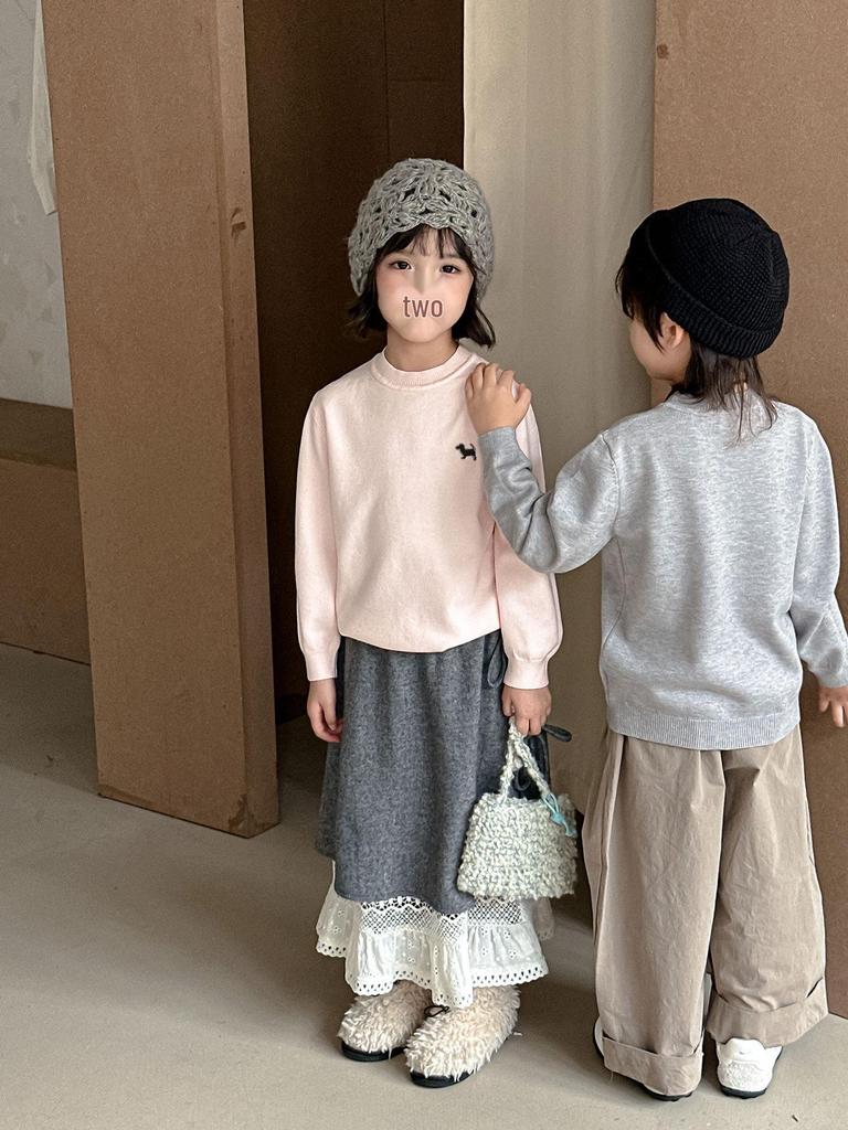 Детский вязаный свитер с круглым вырезом - Осень/Зима, Вышитый, Свободного кроя, Унисекс