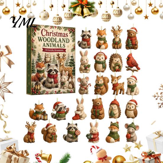 Novelty Holiday Desk Accessories Woodland Animal Advent Calendar, 24-Day Christmas Countdown Set with Forest Room Decorations Critter Ornaments,